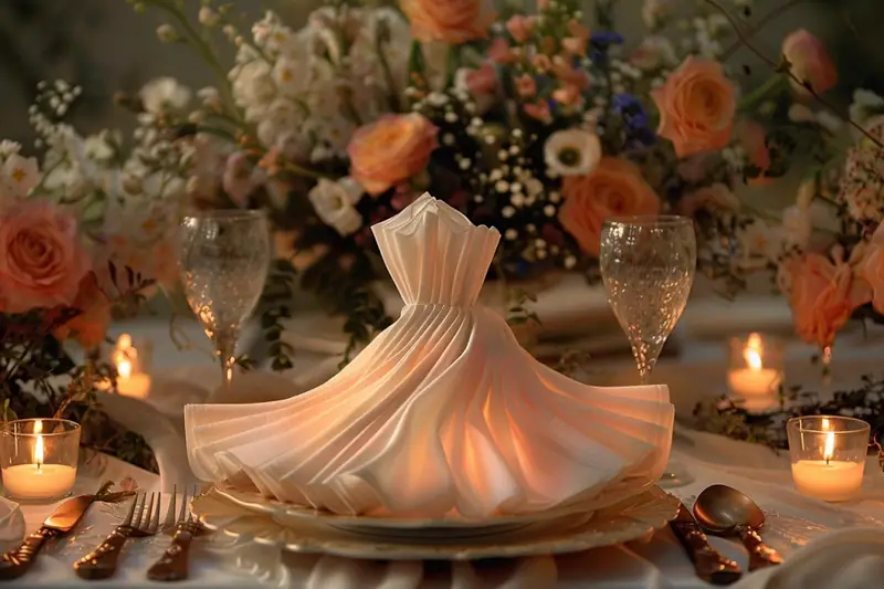 Serviette blanche plissée dressée sur une assiette, entourée de bougies, couverts et fleurs roses
