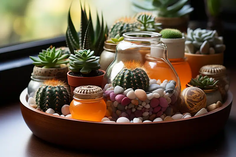 Bocal en verre rempli de cactus, galets colorés et mousse, entouré de petites plantes en pots