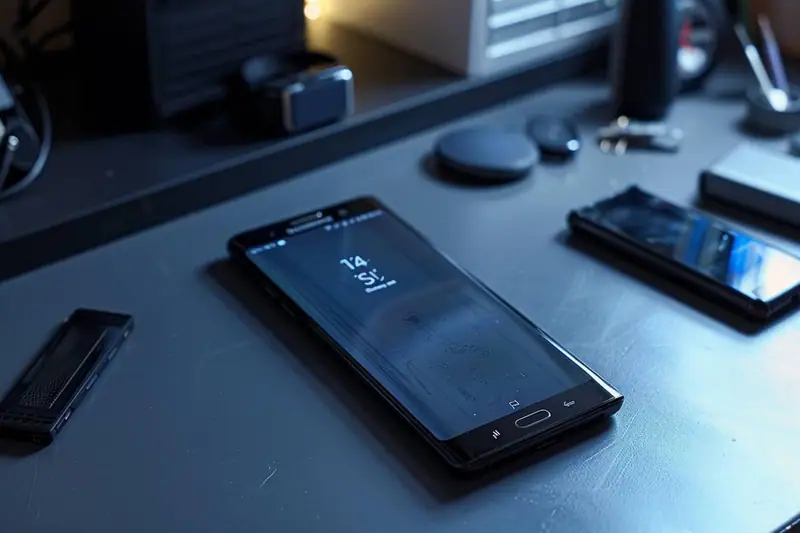 Un smartphone noir affiche 7:44 sur un bureau bleu, entouré d’autres appareils électroniques