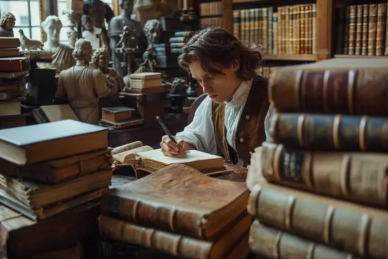 Une femme écrit à un bureau entouré de piles de livres et de bustes sculptés