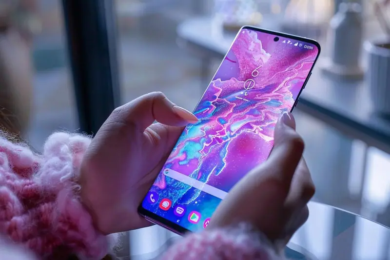 Des mains en pull rose tiennent un smartphone affichant un écran abstrait rose et bleu près d’une fenêtre