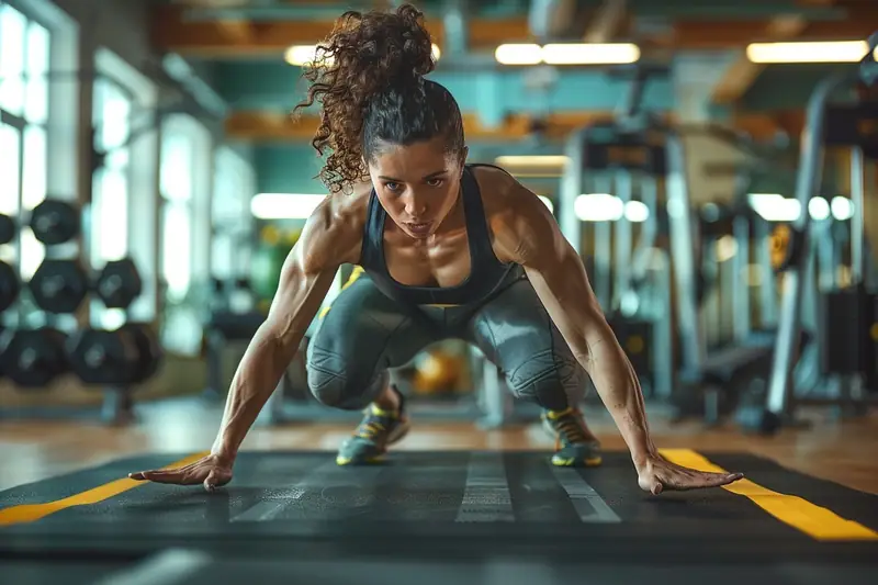 Une femme en tenue sombre effectue une pompe sur un tapis dans une salle de sport