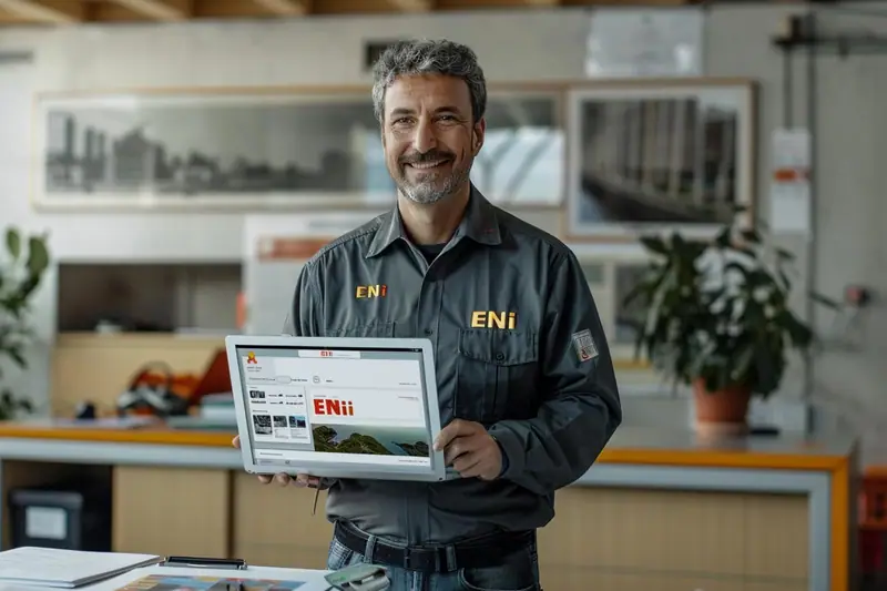 Un homme en uniforme gris tient une tablette affichant un site Eni dans un bureau