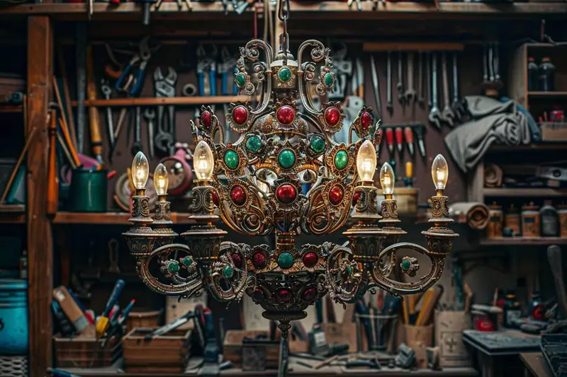 Lustre en métal ouvragé orné de cabochons rouges et verts, éclairé dans un atelier encombré d’outils