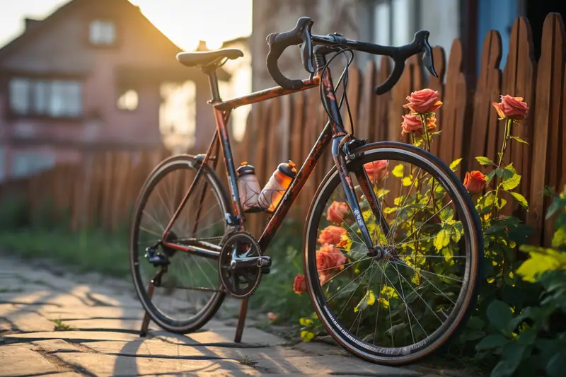 Vélo de route noir et rouge posé sur une allée, devant des roses orangées et une clôture en bois