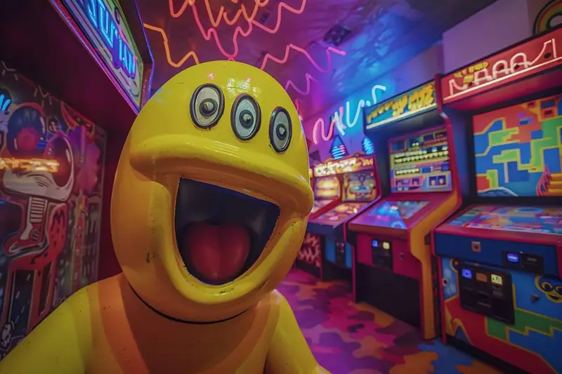 Grande mascotte jaune souriante devant des bornes d’arcade éclairées aux néons colorés