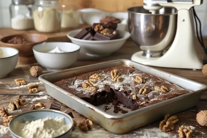 Plat de brownies au chocolat garni de cerneaux de noix, entouré d’ingrédients et d’un robot pâtissier