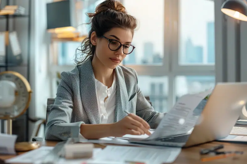 Une femme en veste grise lit un document devant un ordinateur portable sur un bureau encombré