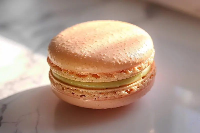 Macaron rose pâle garni de crème jaune posé sur une assiette blanche