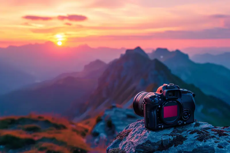 Appareil photo noir posé sur un rocher, face à des montagnes au coucher du soleil