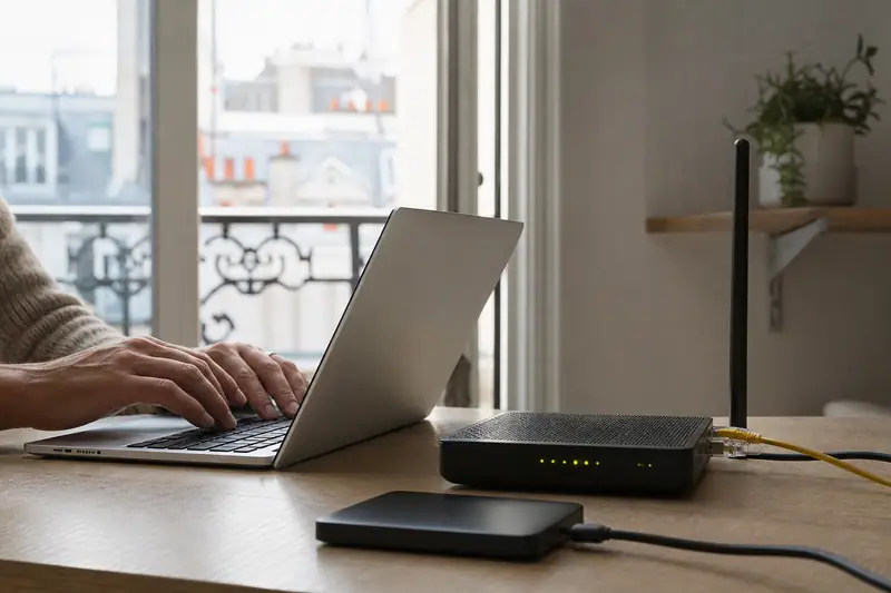 Des mains utilisent un ordinateur portable près d'un routeur noir relié par des câbles jaunes