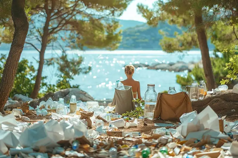 Déchets et bouteilles éparpillés sur une plage, face à une personne assise au bord de l’eau