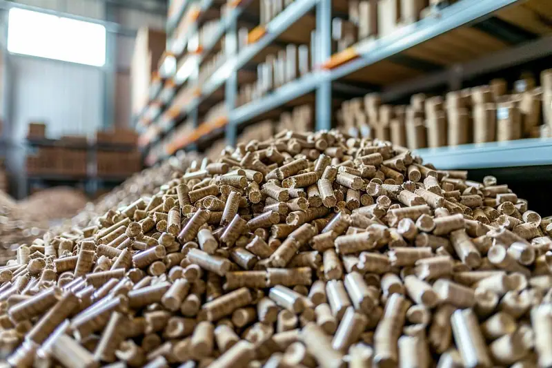Tas de granulés cylindriques bruns au premier plan, devant des rayonnages métalliques d’entrepôt