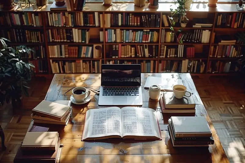 Un ordinateur portable et des livres ouverts reposent sur une table devant des bibliothèques garnies