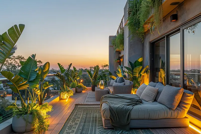 Un canapé gris garni de coussins borde une terrasse en bois entourée de plantes au coucher du soleil