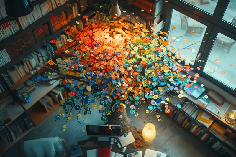 Nuée de disques colorés flottant au-dessus d’un bureau entouré de bibliothèques et de fenêtres