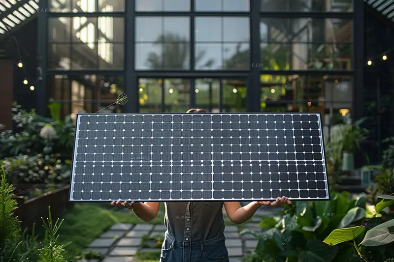 Une personne tient un panneau solaire devant une serre entourée de plantes vertes