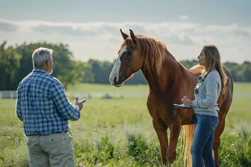 Une femme tient un cheval brun tandis qu’un homme lui parle dans un pré