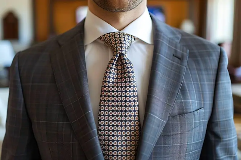 Homme portant un costume gris à carreaux, chemise blanche et cravate à motifs circulaires