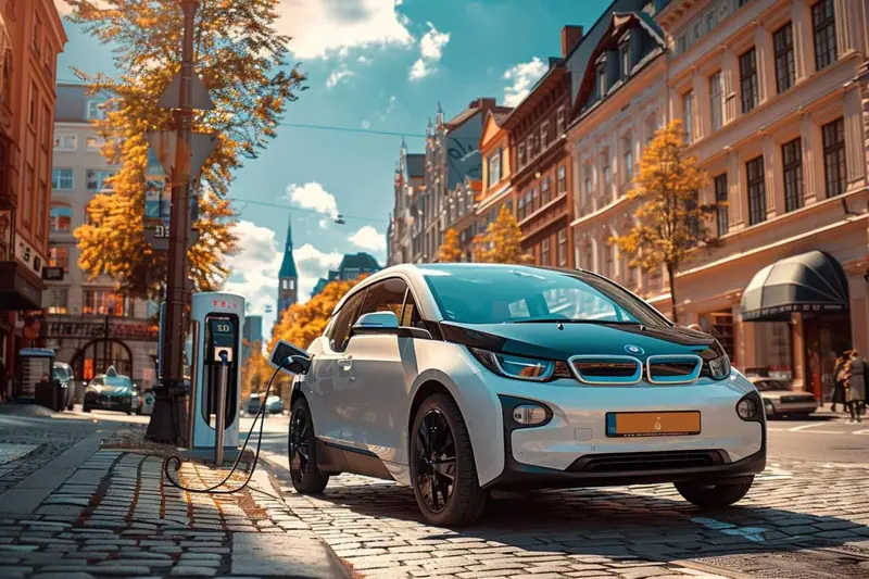 Voiture électrique blanche branchée à une borne de recharge dans une rue pavée bordée d’immeubles