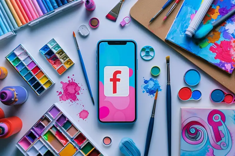 Smartphone affichant un logo rouge entouré de peintures, pinceaux, crayons et carnets colorés
