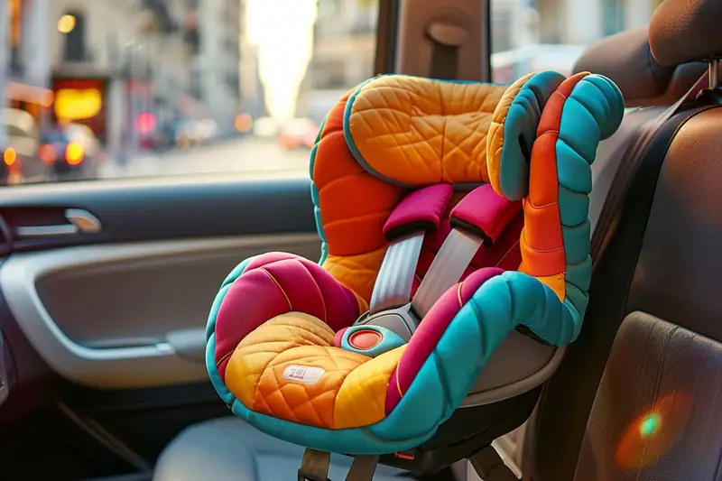 Siège enfant multicolore fixé sur la banquette arrière d’une voiture, avec rue urbaine floue derrière la vitre