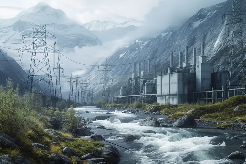 Une rivière traverse une vallée montagneuse devant des bâtiments industriels et des pylônes électriques