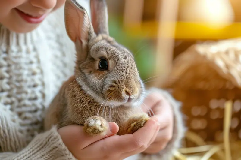 Un lapin brun est tenu dans les mains d’une personne portant un pull beige