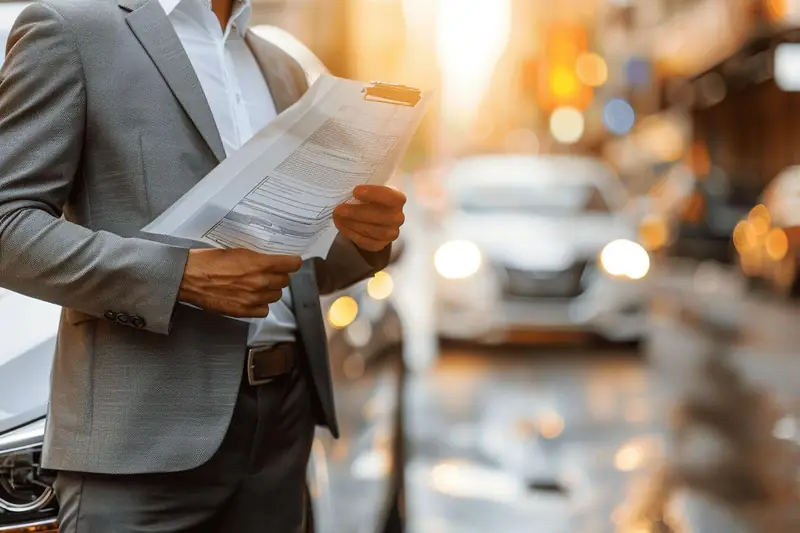 Un homme en costume gris tient des documents près d’une voiture dans une rue humide