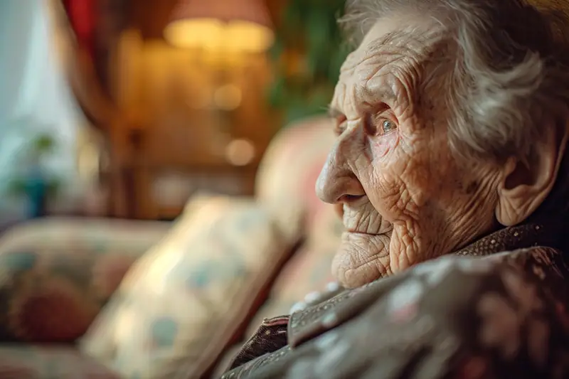 Une femme âgée aux cheveux gris est assise de profil dans un fauteuil fleuri