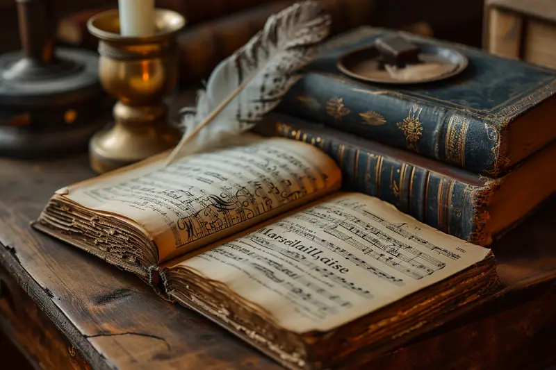 Partition ancienne ouverte sur une table en bois, avec plume, bougeoir et livres reliés bleus