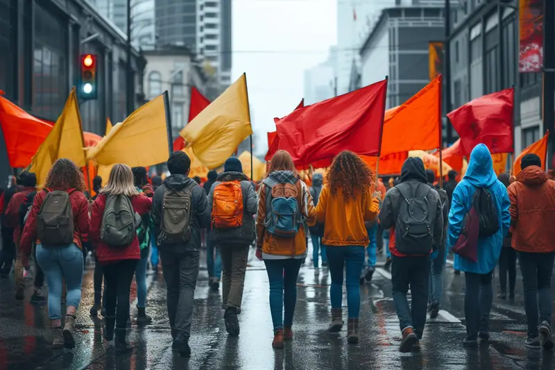 Des personnes marchent sous la pluie dans une rue, portant des drapeaux rouges, jaunes et orange