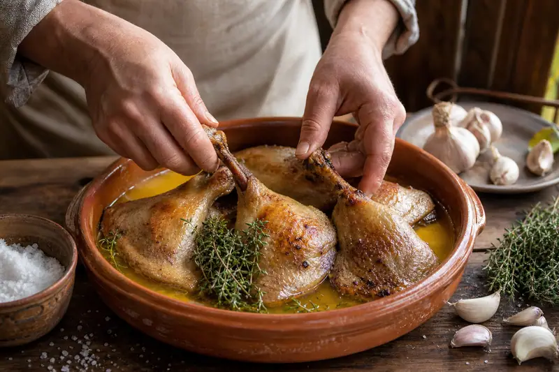 Des mains placent des cuisses de canard dans un plat en terre cuite rempli de graisse jaune
