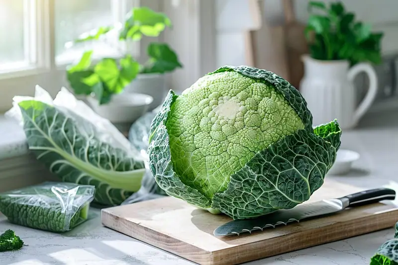 Un chou vert entier repose sur une planche à découper près de sachets plastiques et d’un couteau