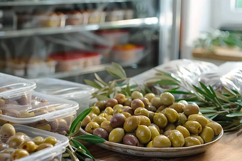 Olives vertes et violettes sur un plat, entourées de branches, devant des boîtes transparentes ouvertes