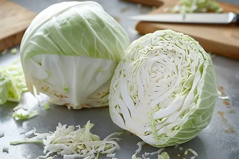 Deux moitiés de chou blanc et des lamelles reposent sur une planche de cuisine en bois