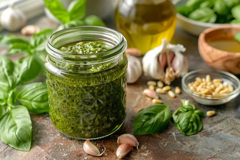 Bocal ouvert de sauce verte entouré de basilic, ail, pignons et huile d’olive