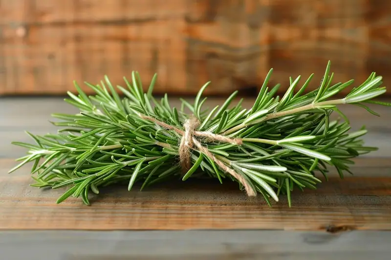 Bouquet de romarin frais lié avec une ficelle sur une planche en bois