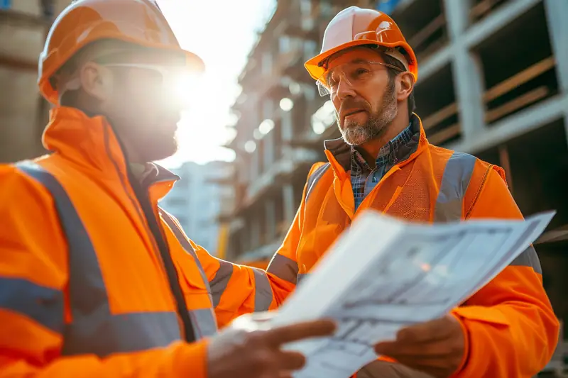 Deux hommes en casques et gilets orange examinent des plans sur un chantier urbain