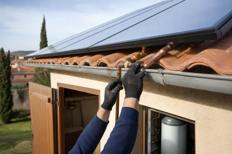 Des mains gantées raccordent des tuyaux en cuivre sous des panneaux solaires sur un toit en tuiles