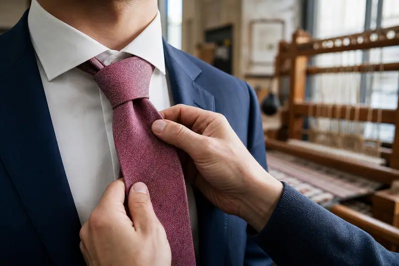 Deux mains ajustent une cravate rose texturée sur une chemise blanche et veste bleue
