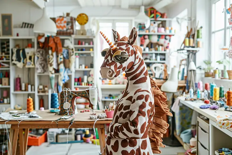 Personne portant un costume rayé brun et blanc avec une tête de cheval dans un atelier encombré
