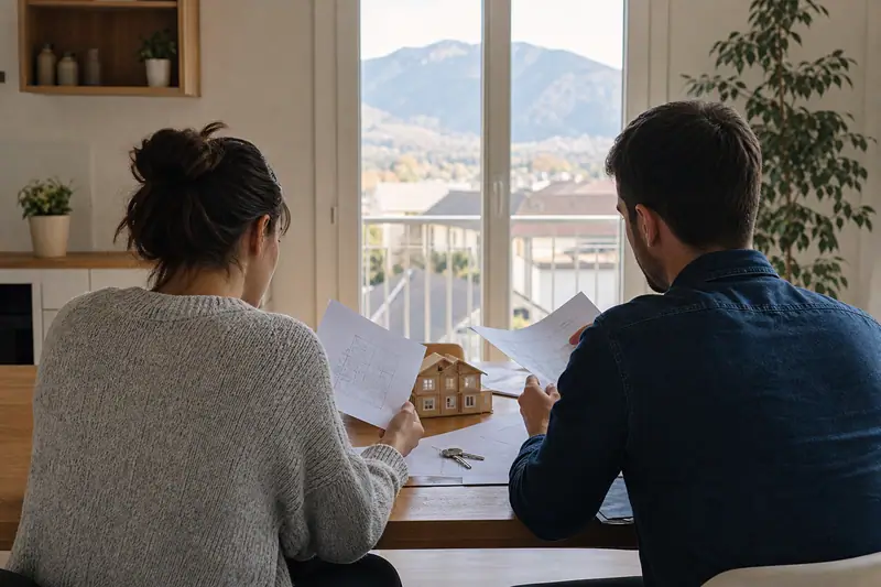 Deux personnes examinent des documents autour d’une maquette de maison sur une table en bois