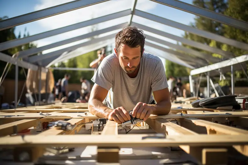 Un homme assemble des planches de bois sous une structure métallique dans un jardin
