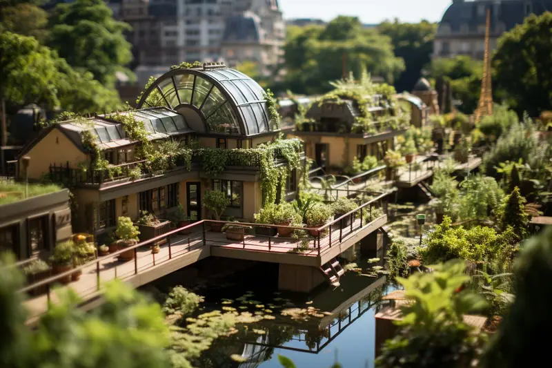 Jardin miniature avec serre vitrée, terrasses en bois, bassin et végétation dense entourés d’immeubles