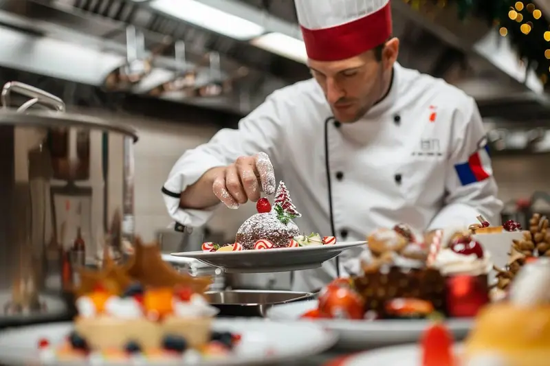 Un cuisinier en veste blanche décore un dessert avec du sucre glace et une fraise