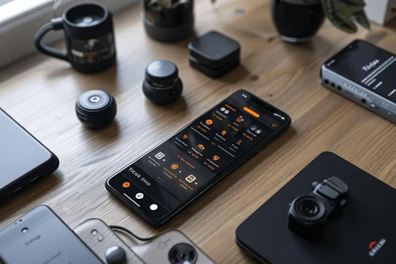 Un smartphone affiche une application sombre parmi des appareils photo et accessoires sur une table en bois
