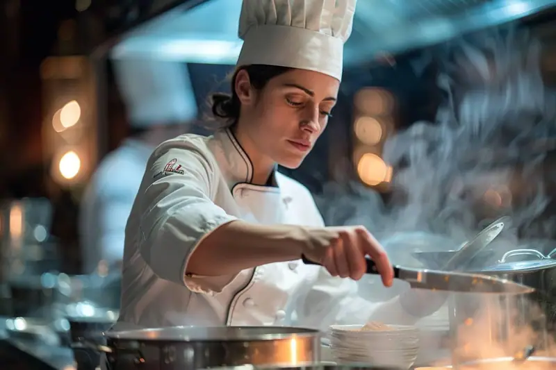Une cuisinière en toque remue une poêle fumante devant des casseroles en inox
