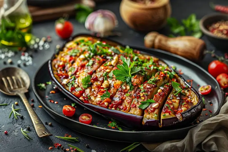 Aubergine farcie de sauce tomate et herbes, servie dans un plat noir avec tomates cerises