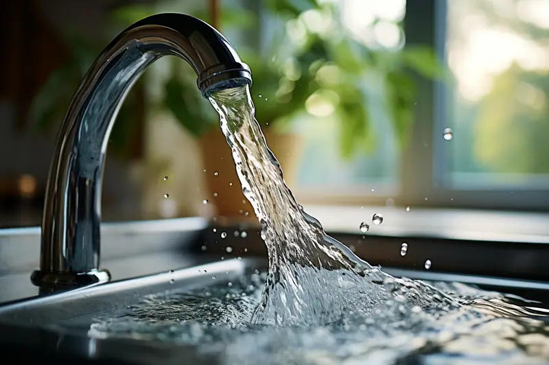 Un robinet noir verse un jet d’eau dans un évier, devant une fenêtre floue